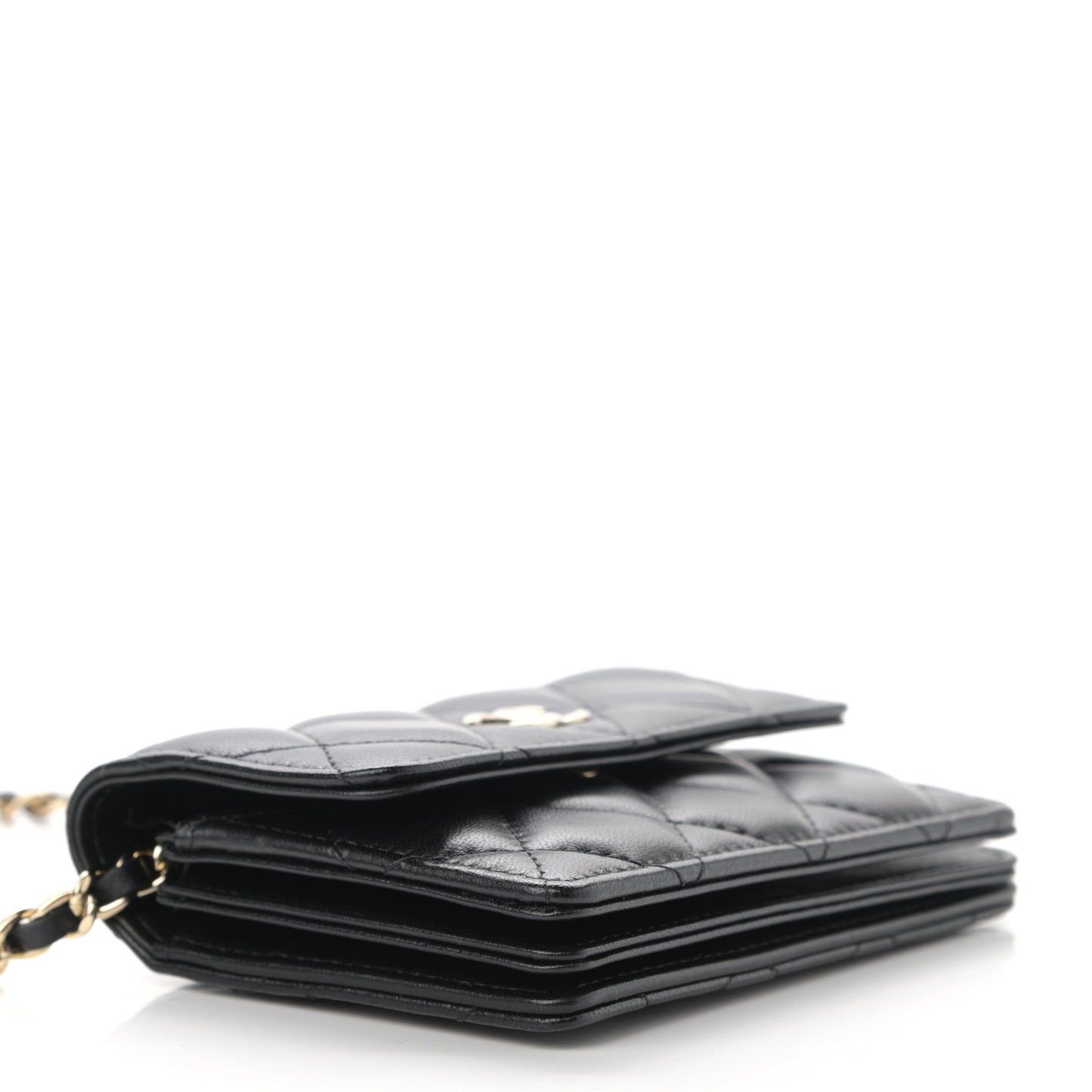 Lambskin Quilted Camellia Card Holder On Chain Black