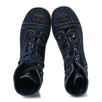 Chanel Denim Lace Up Boots 36.5 Navy Blue 2 of 11