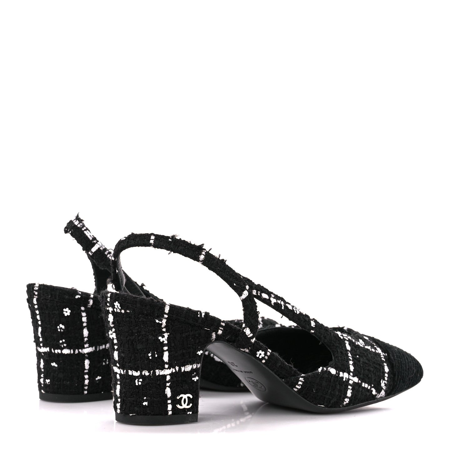 Tweed Sequins Corduroy Cap Toe CC Slingback Pumps 38 Black White