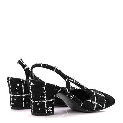Chanel Tweed Sequins Corduroy Cap Toe CC Slingback Pumps 38 Black White 4 of 9