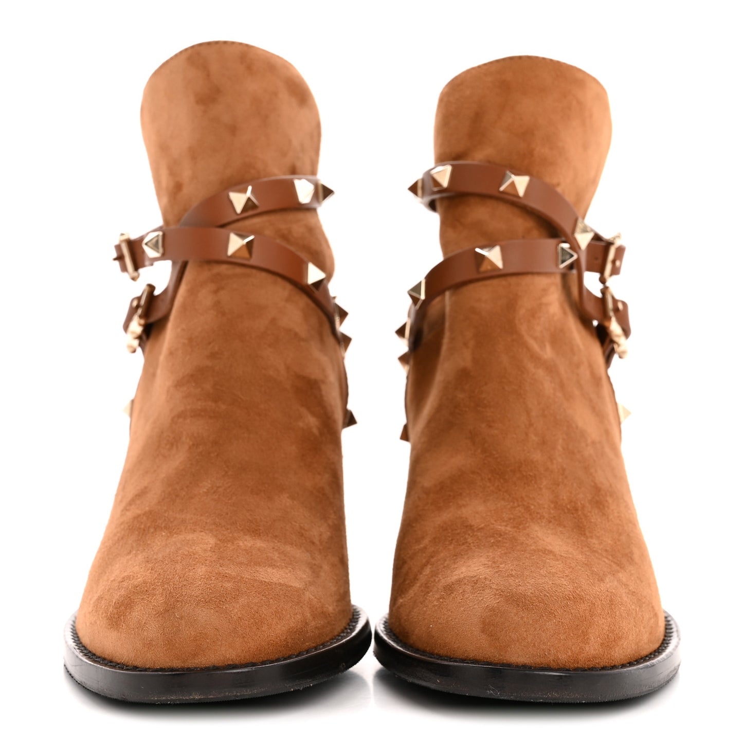 Suede Rockstud Double Buckle 100mm Block Heel Ankle Boots 39.5 Brown