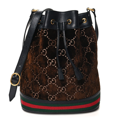 Gucci Velvet GG Monogram Textured Calfskin Web Bucket Bag Brown Black 1 of 10