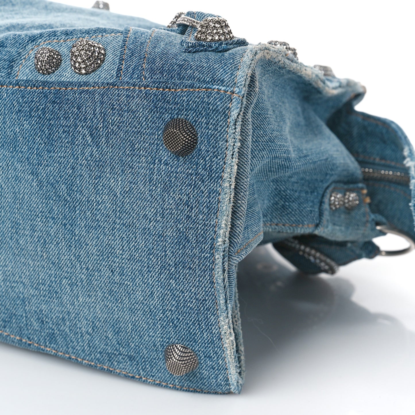 Washed Frayed Denim Crystal Neo Cagole City Handbag Blue