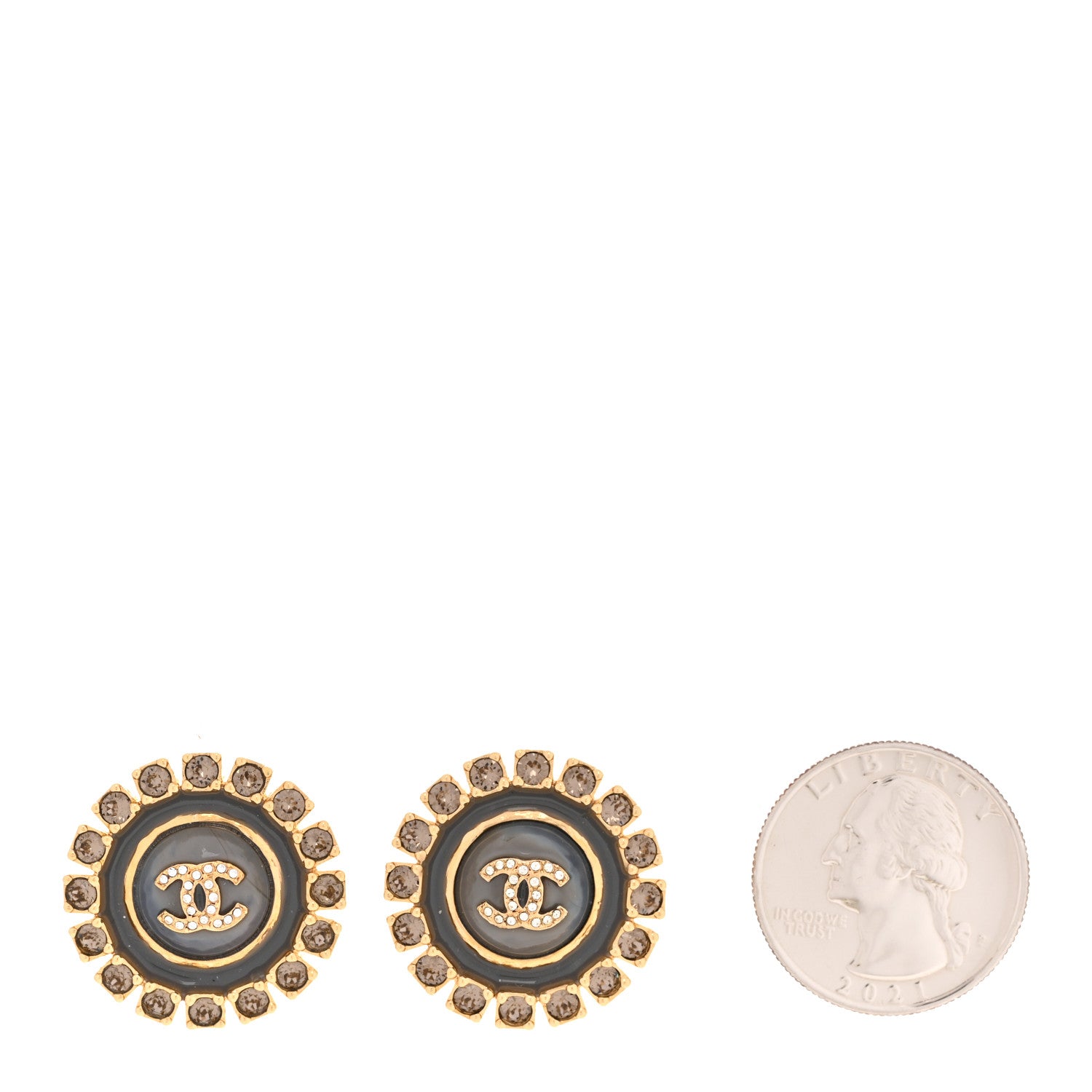 Chanel Crystal Enamel CC Round Earrings Gold Grey 2 of 5