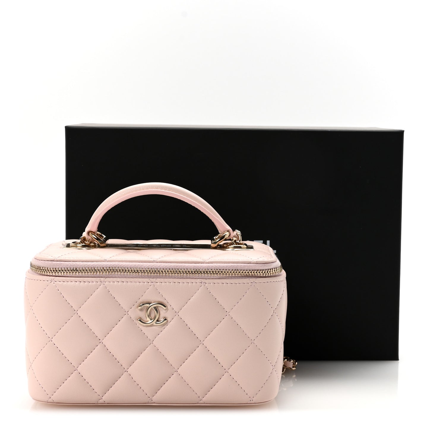 Lambskin Quilted Trendy Small Top Handle Vanity Case With Chain Light Pink
