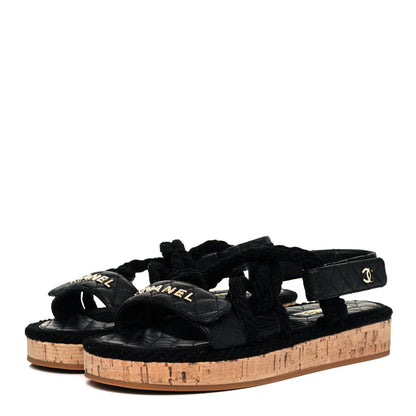 Chanel Cord Lambskin Quilted Logo Sandals 39 Black 3 of 8