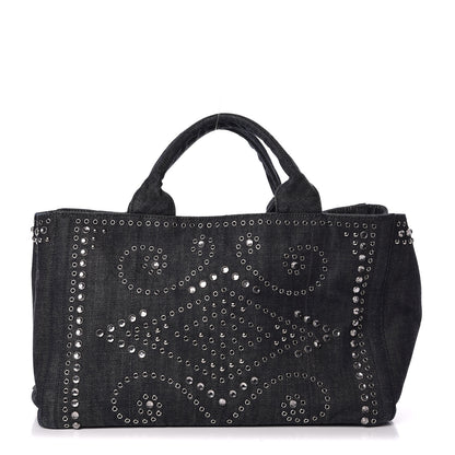 Prada Denim Crystal Studded Canapa Tote Black 1 of 11