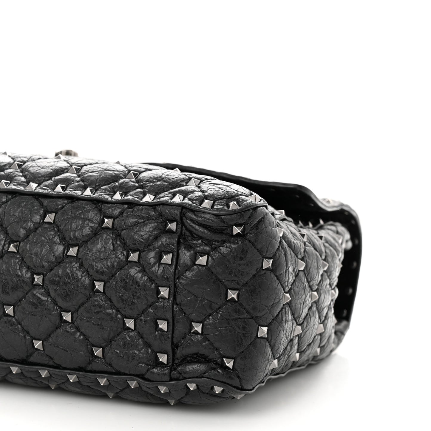 Craquele Nappa Large Rockstud Spike Shoulder Bag Black