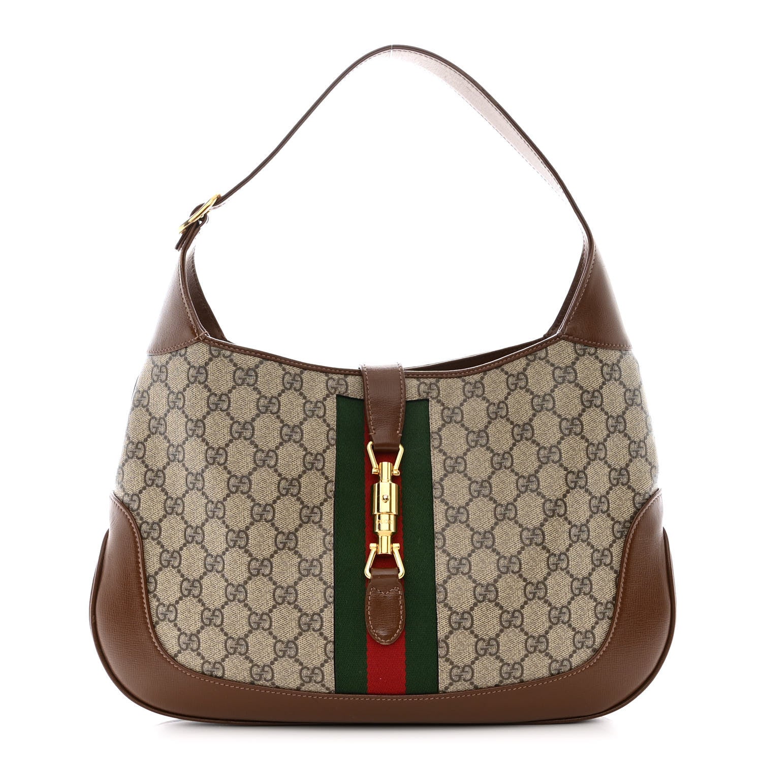 Gucci GG Supreme Monogram Azalea Calfskin Web Medium Jackie 1961 Hobo Beige Ebony Brown Sugar 1 of 14