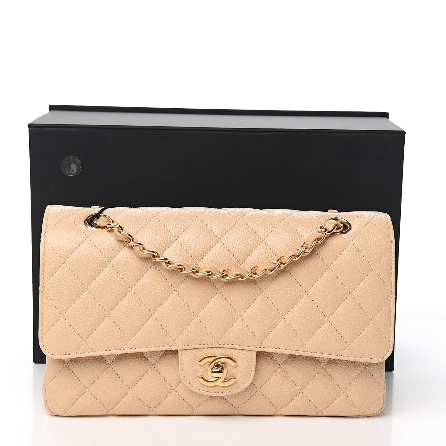 Caviar Quilted Medium Double Flap Beige