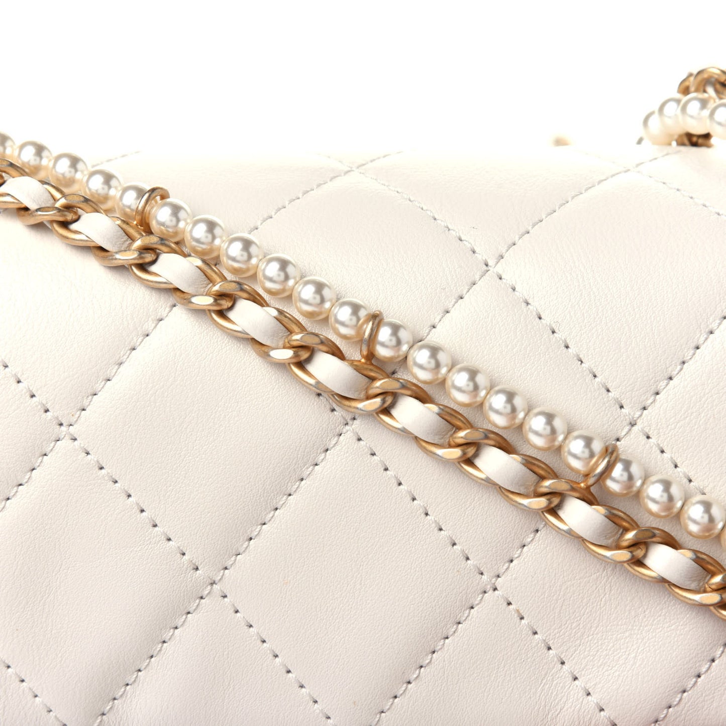Calfskin Quilted Crystal Pearls Small Flap Bag White