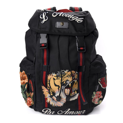 Gucci Techno Canvas Web L'Aveugle Par Amour Embroidered Double Buckle Backpack Black 1 of 9