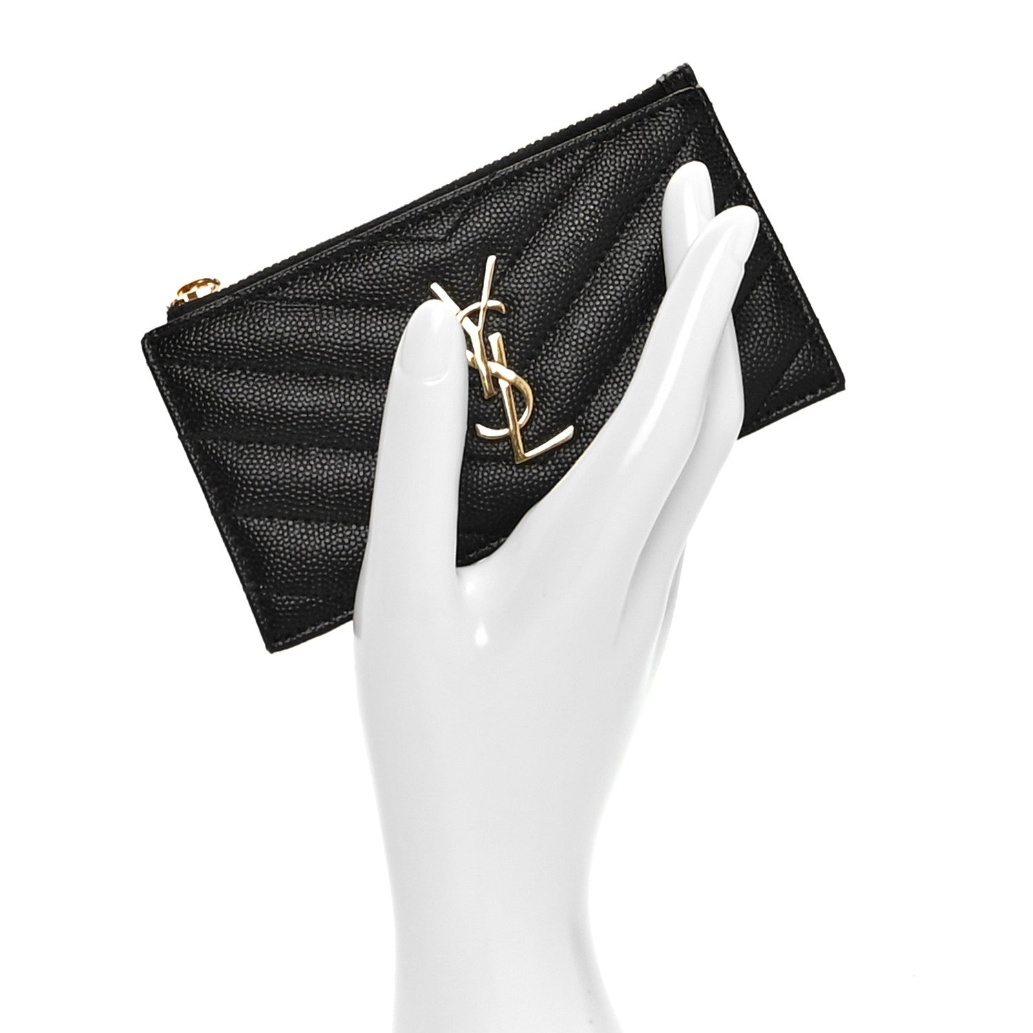 Saint Laurent Grain De Poudre Matelasse Chevron Monogram Fragments Zippered Card Case Black 2 of 9