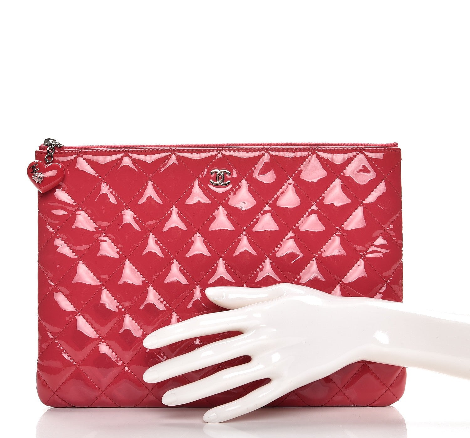Chanel Patent Calfskin Quilted Valentine Hearts Medium O Cosmetic Case Dark Pink 2 of 9