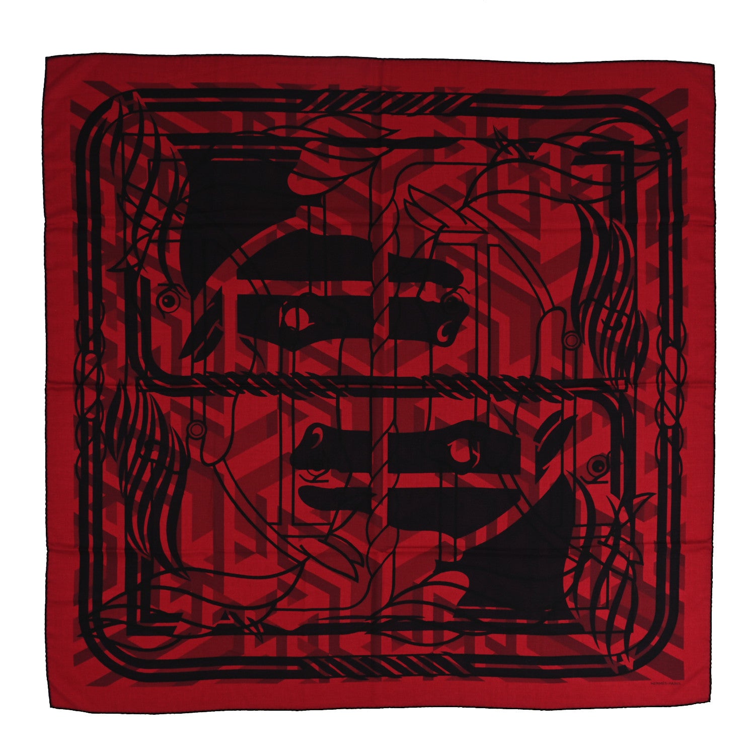 Hermes Cashmere Silk Imprimeur Fou Quadricube Shawl 140 Rouge Bordeaux Rouge Fonce 1 of 3