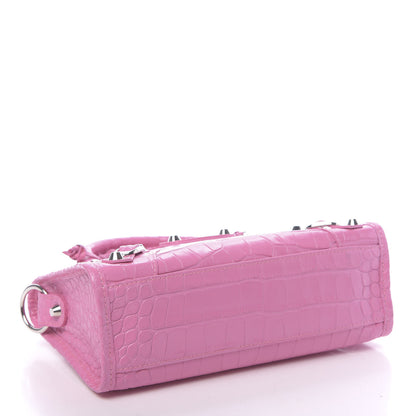 Balenciaga Shiny Supple Calfskin Crocodile Embossed Classic Silver Hardware Mini City Baby Pink 5 of 11