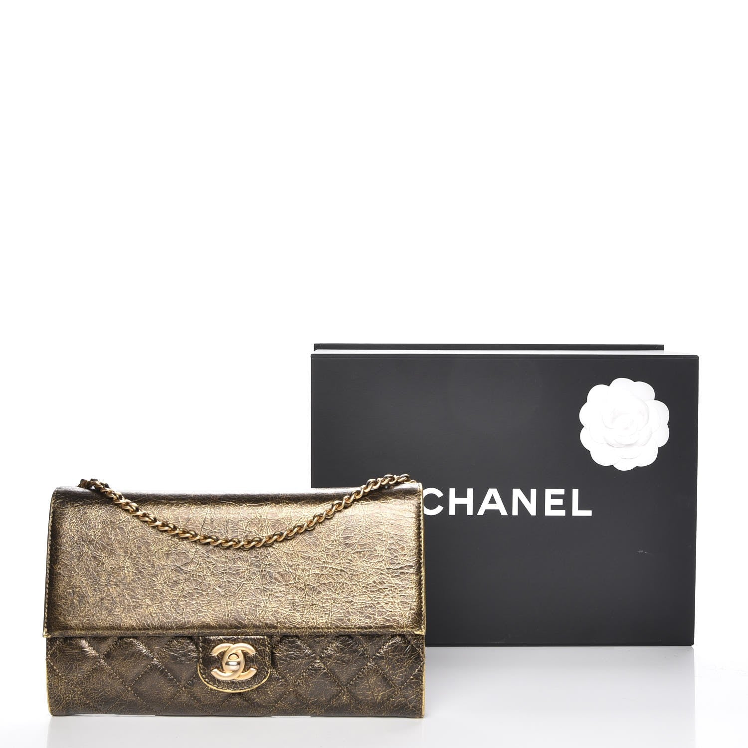 Chanel Cracked Metallic Calfskin Quilted Zip Away Chain Clutch Gold 8 of 8
