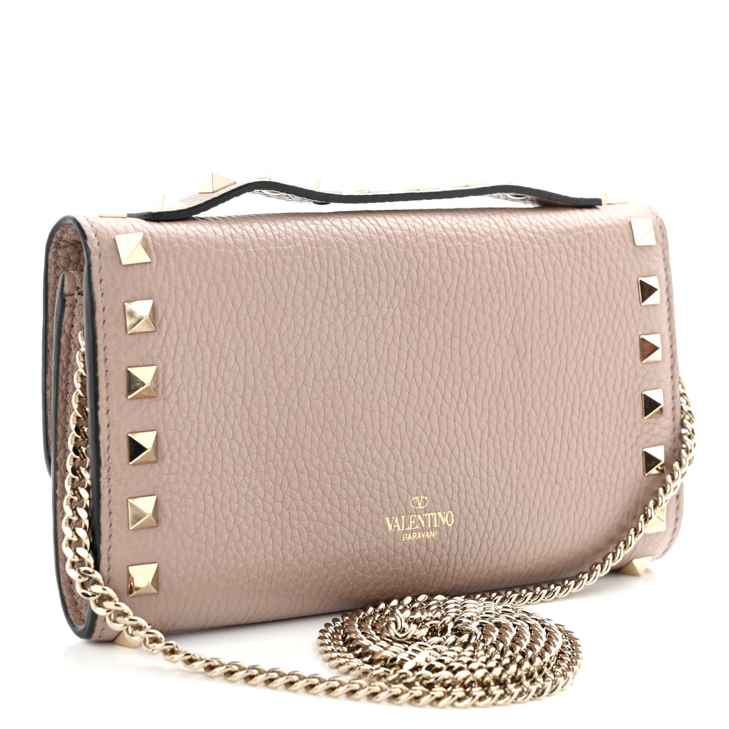 Pebbled Calfskin Rockstud Flip Lock Wallet On Chain Poudre