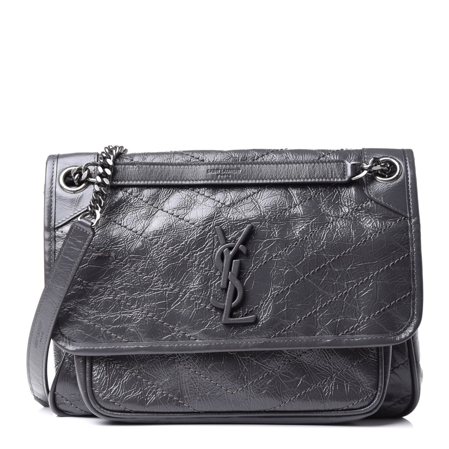 Crinkled Calfskin Matelasse Monogram Medium Niki Chain Satchel Asphalt