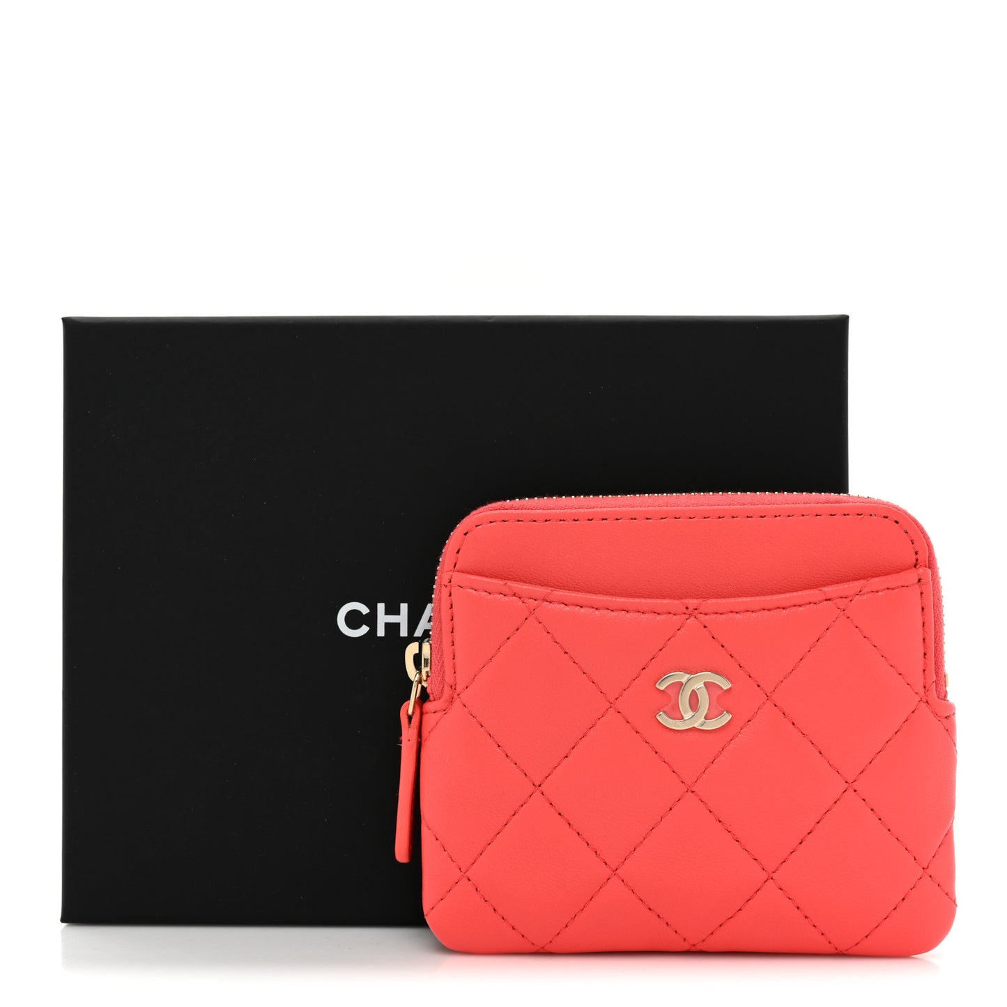 Lambskin Quilted Zip Card Holder Wallet Coral