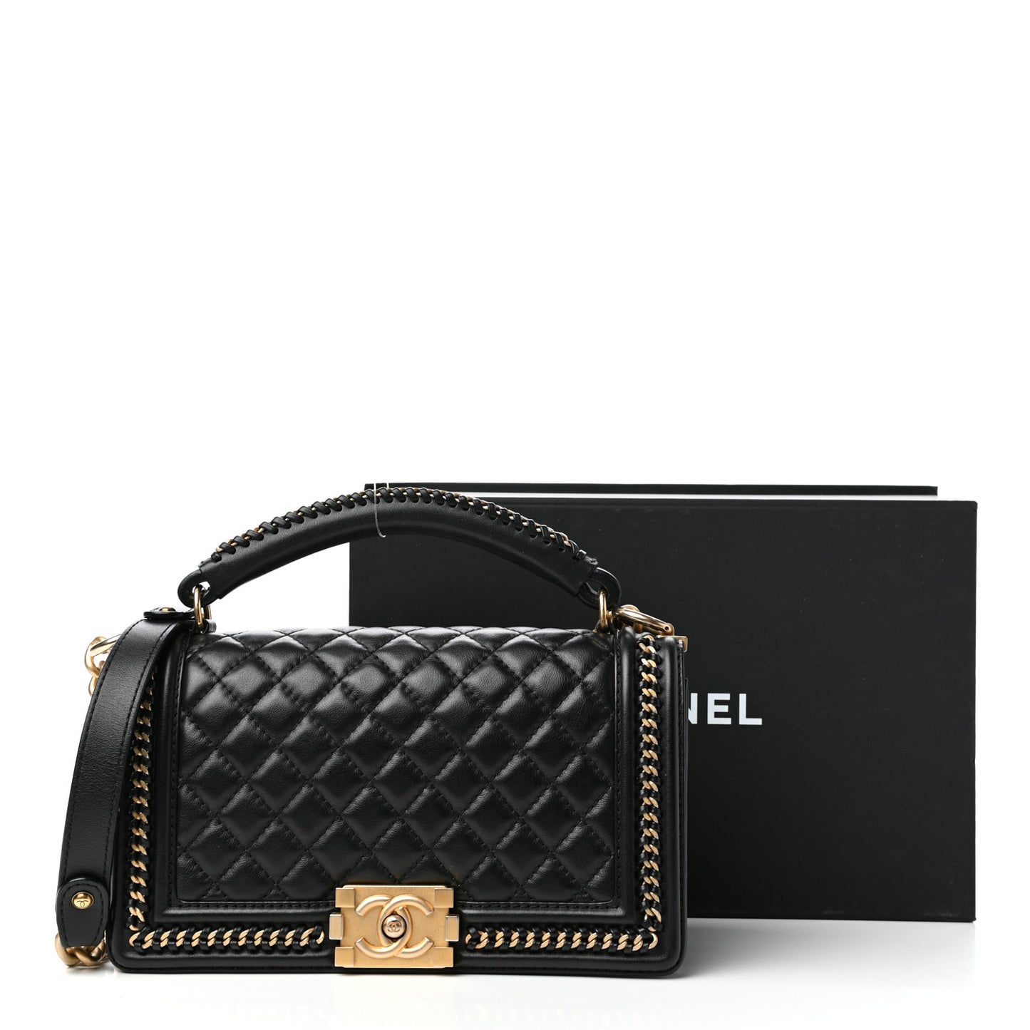 Calfskin Quilted Medium Boy Top Handle Flap Black