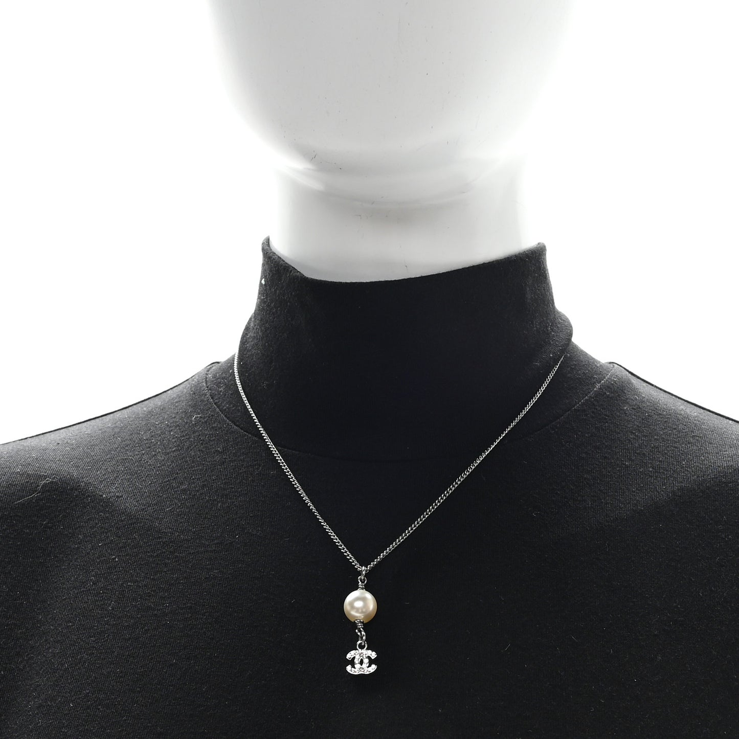 Pearl Crystal CC Drop Necklace Silver