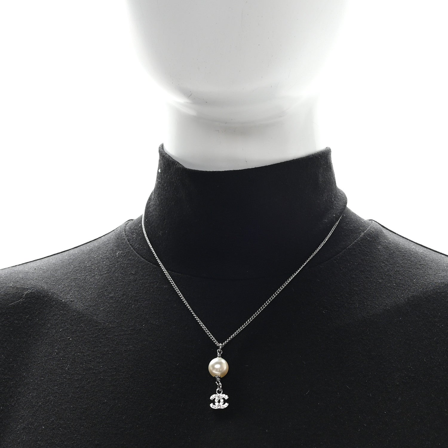 Chanel Pearl Crystal CC Drop Necklace Silver 2 of 4