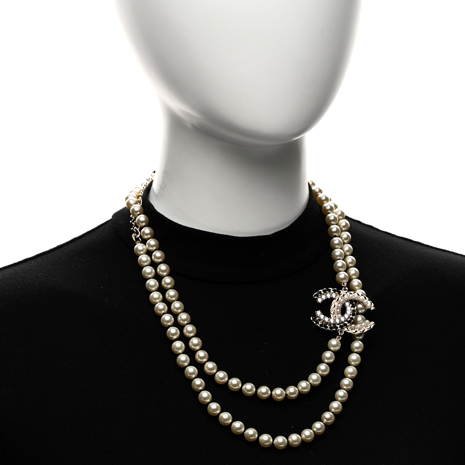 Chanel Pearl Crystal Lambskin CC Long Necklace Gold Black 2 of 6