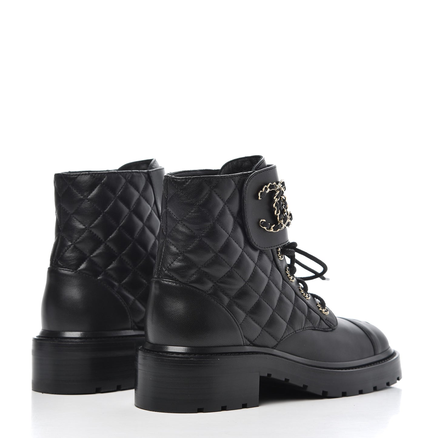 Shiny Lambskin Quilted Lace Up Combat Boots 38 Black