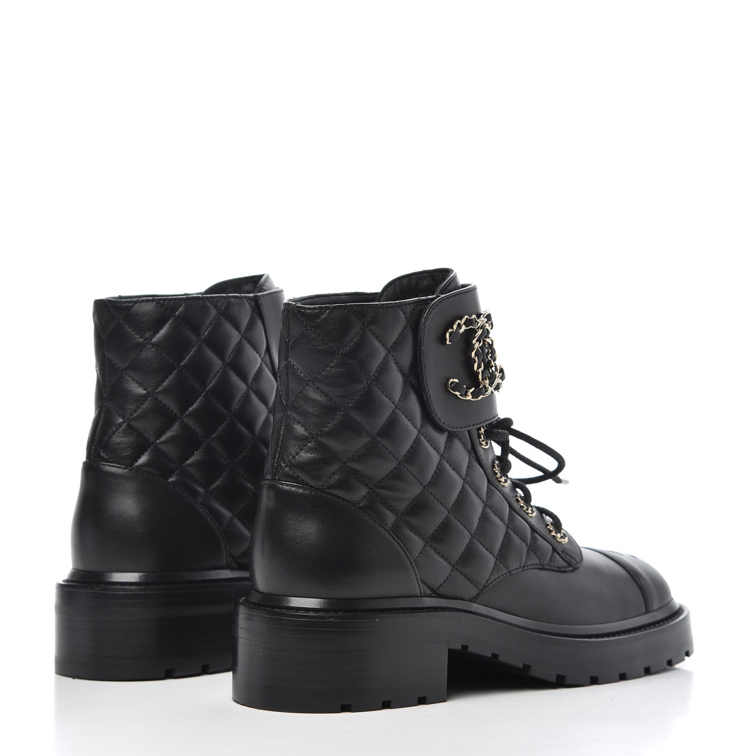 Chanel Shiny Lambskin Quilted Lace Up Combat Boots 38 Black 4 of 11