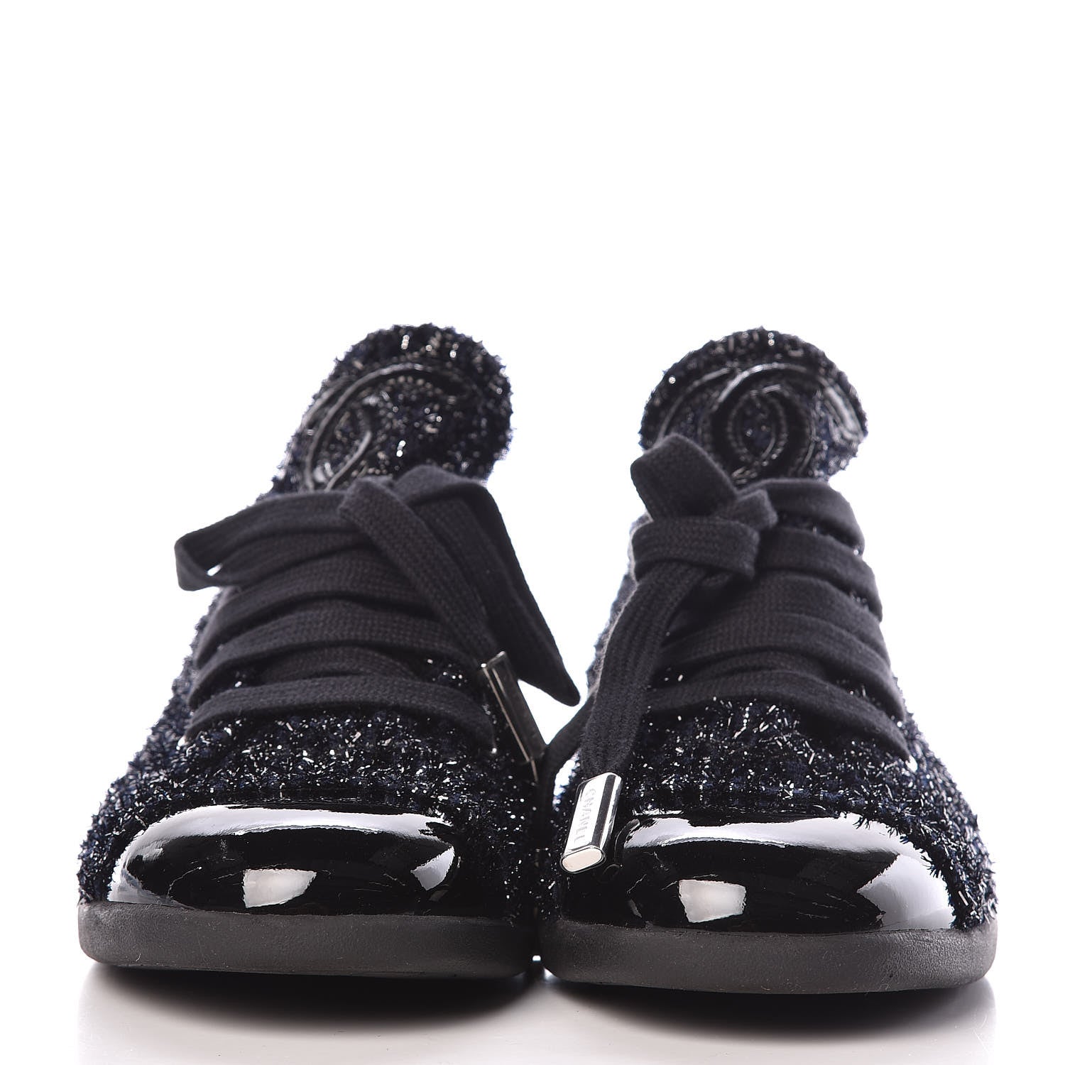 Chanel Lurex Tweed Patent Lace Up Sneakers 35.5 Dark Navy Blue 2 of 8