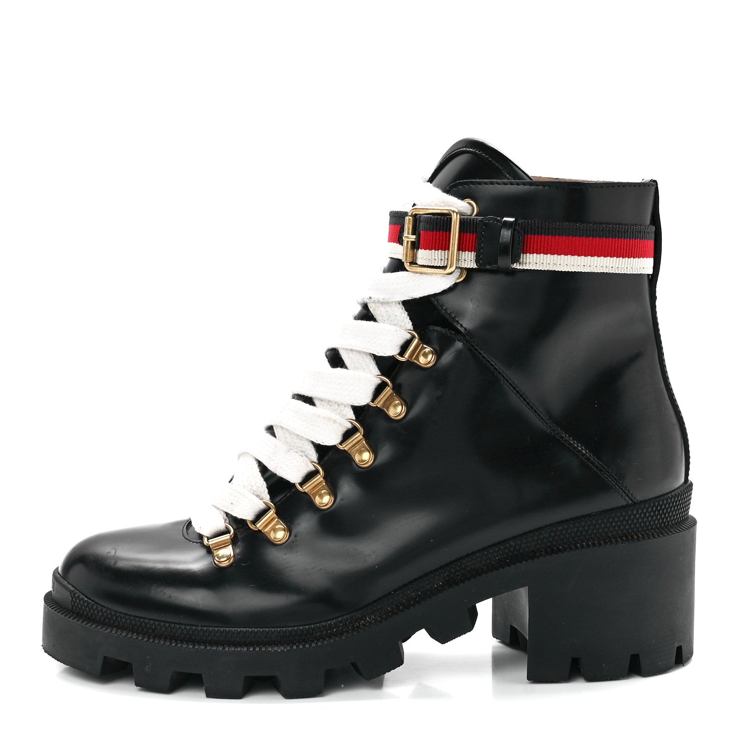 Gucci Calfskin Sylvie Web Womens Lace Up Combat Boots 40.5 Black 1 of 8