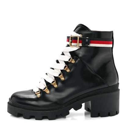 Gucci Calfskin Sylvie Web Womens Lace Up Combat Boots 40.5 Black 1 of 8