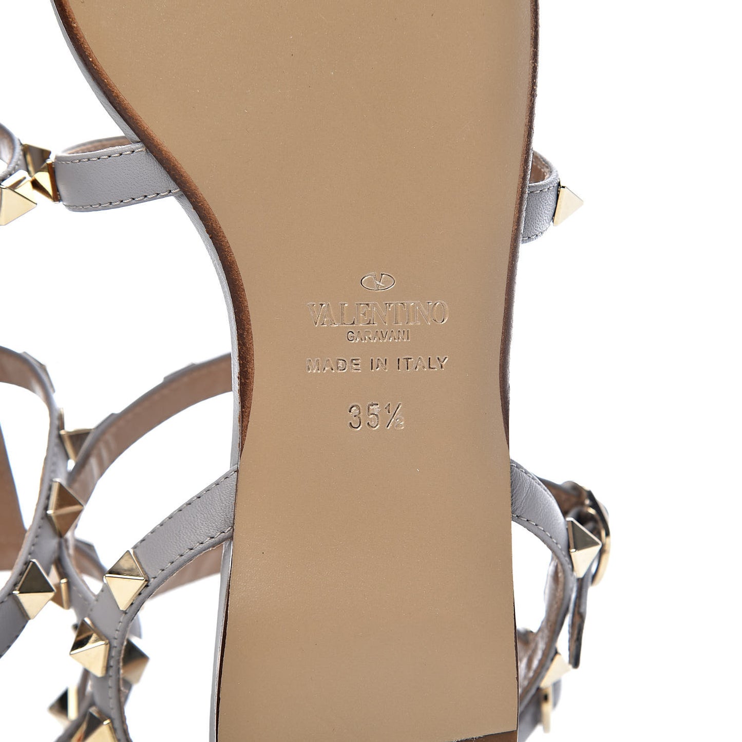Calfskin Nappa Rockstud Gladiator Flat Sandals 35.5 Pastel Grey