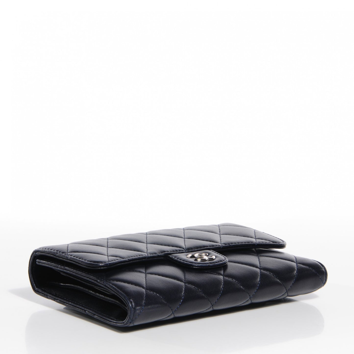 Lambskin Quilted Large Flap Wallet Navy