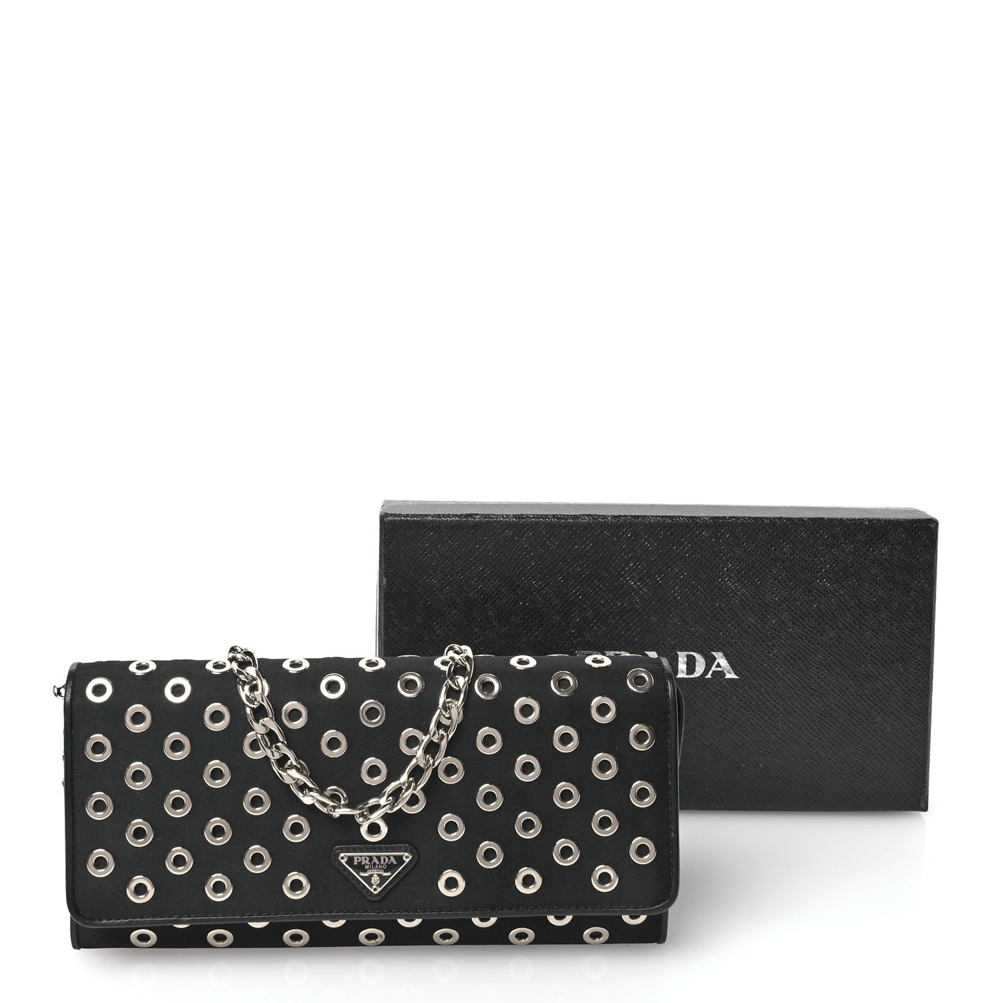 Tessuto Nylon Soft Calf Grommet Wallet On Chain Black