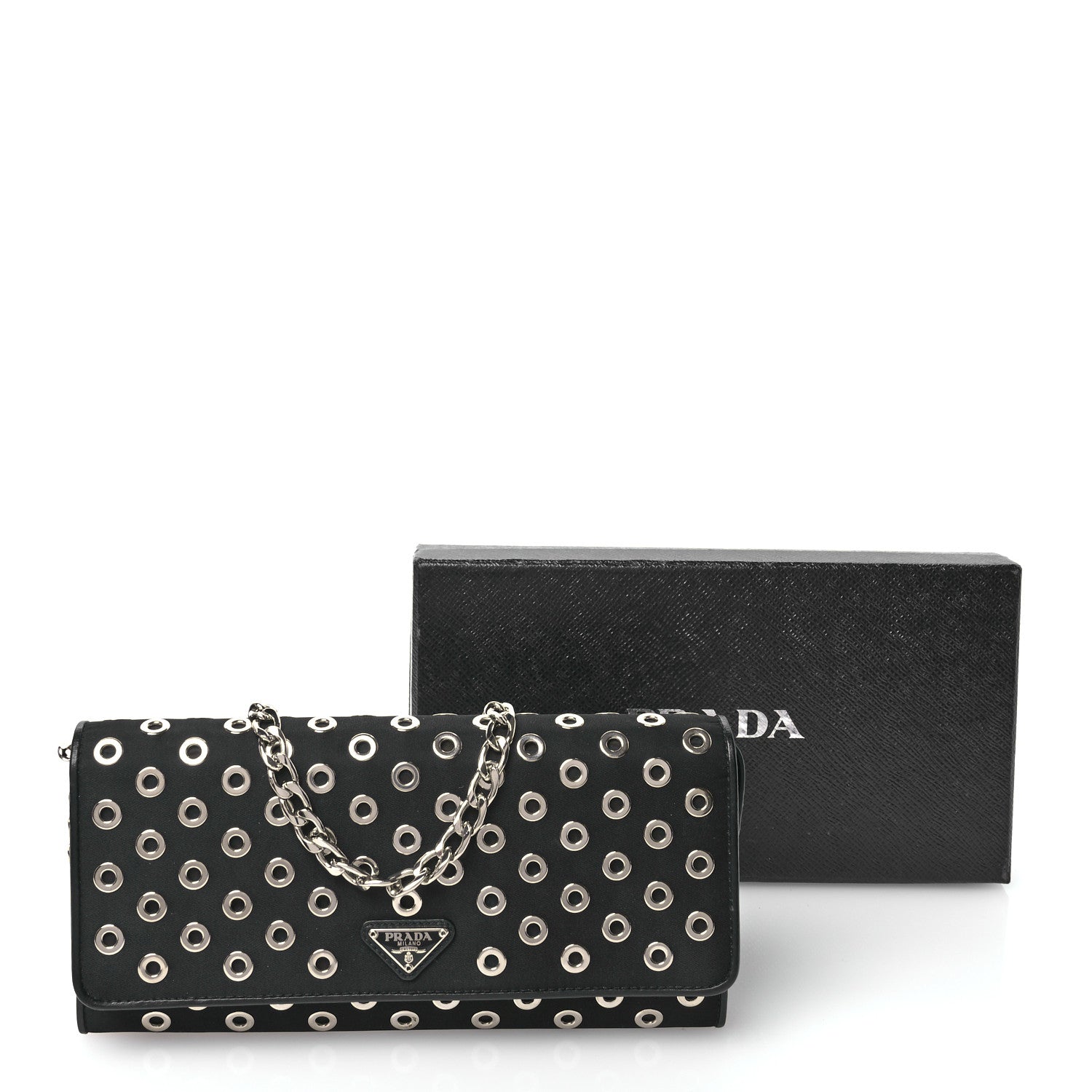 Prada Tessuto Nylon Soft Calf Grommet Wallet On Chain Black 11 of 11