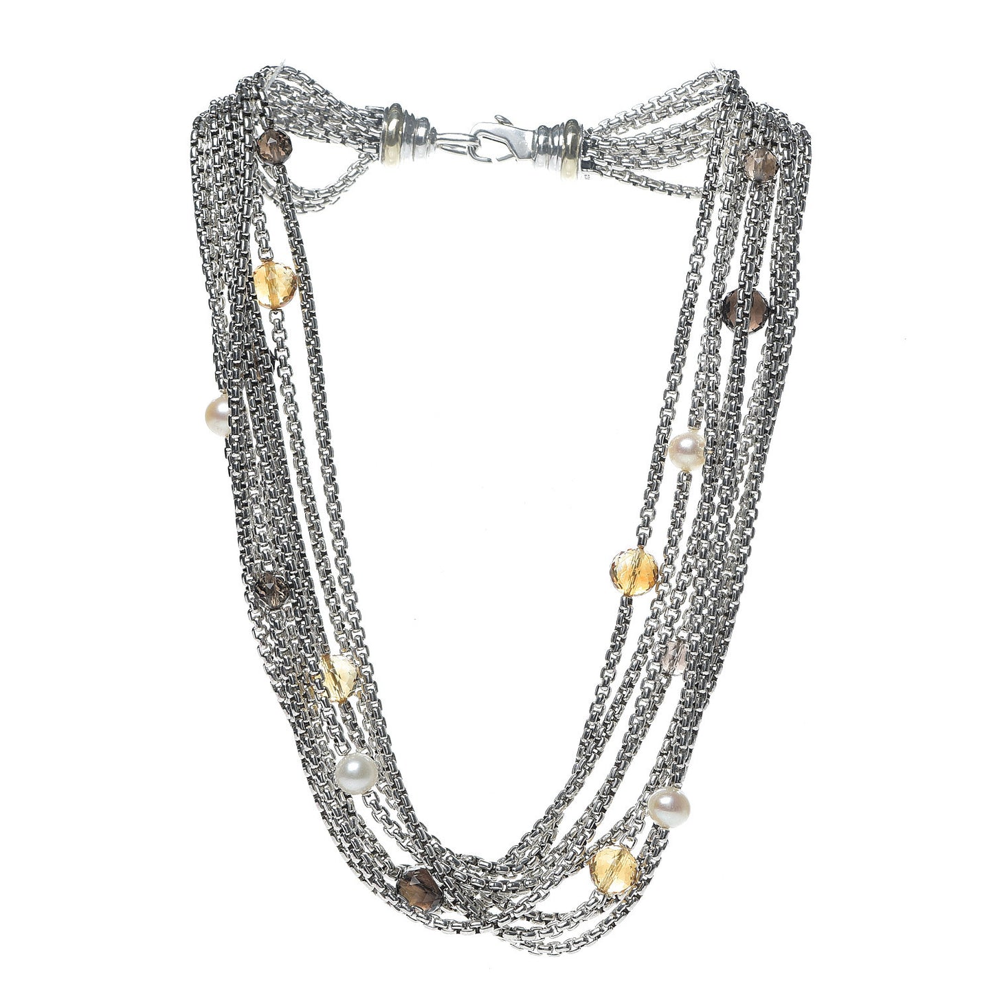 Sterling Silver 18K Yellow Gold Pearl Citrine Smoky Topaz Multi Strand Necklace