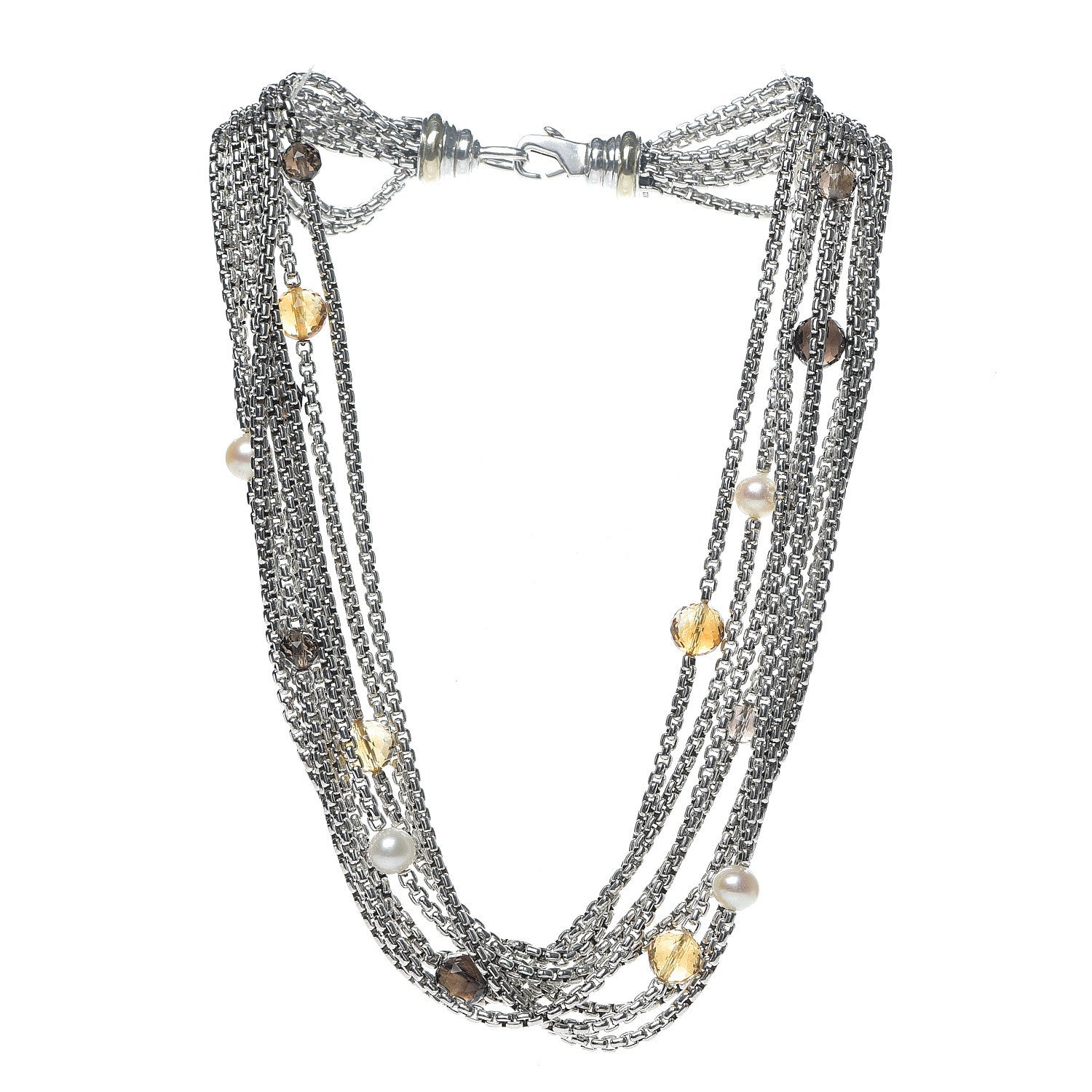 David Yurman Sterling Silver 18K Yellow Gold Pearl Citrine Smoky Topaz Multi Strand Necklace 2 of 4