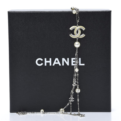 Chanel Crystal Pearl CC Beaded Long Necklace Silver 5 of 5
