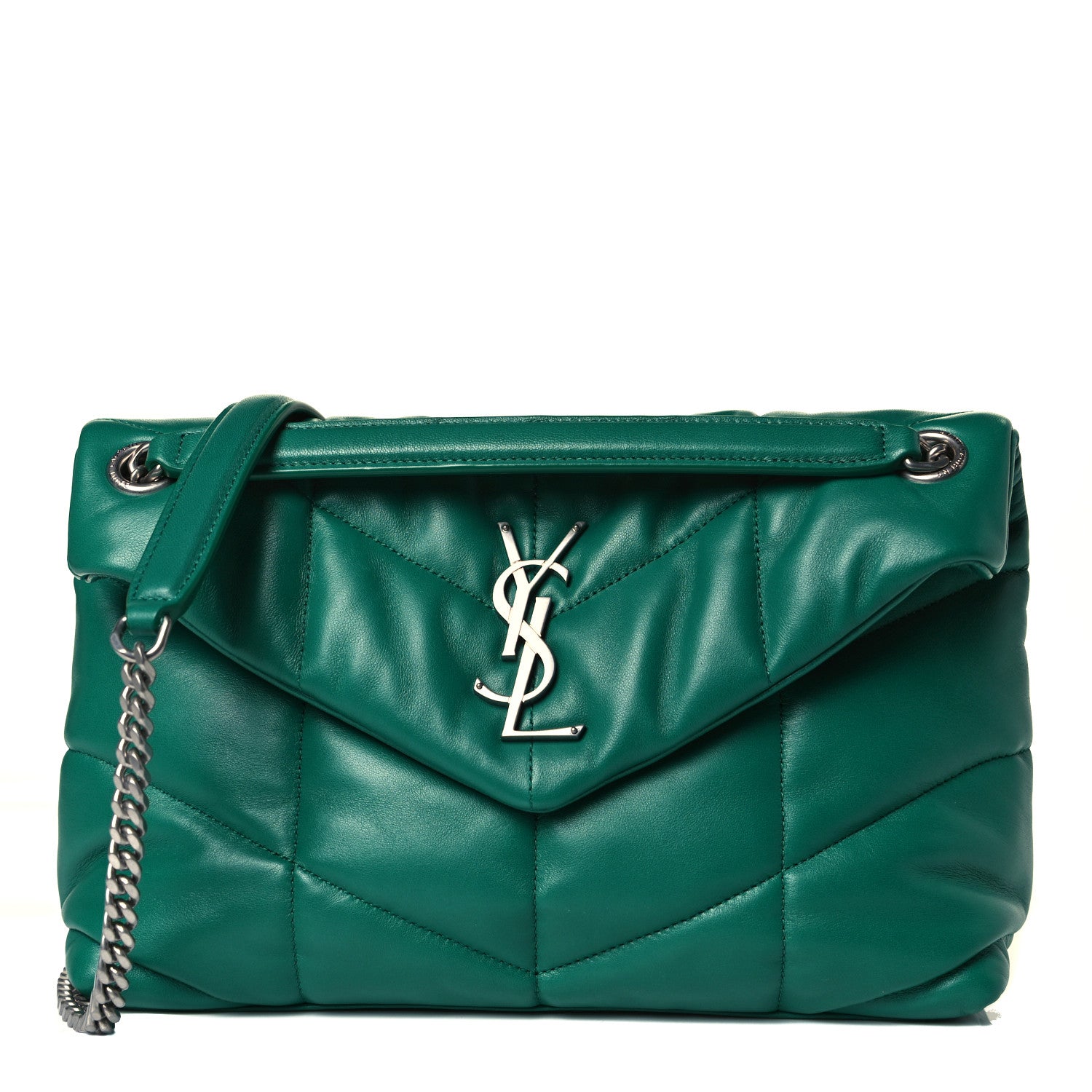Saint Laurent Lambskin Quilted Small Loulou Puffer Monogram Chain Satchel Green Field 1 of 7