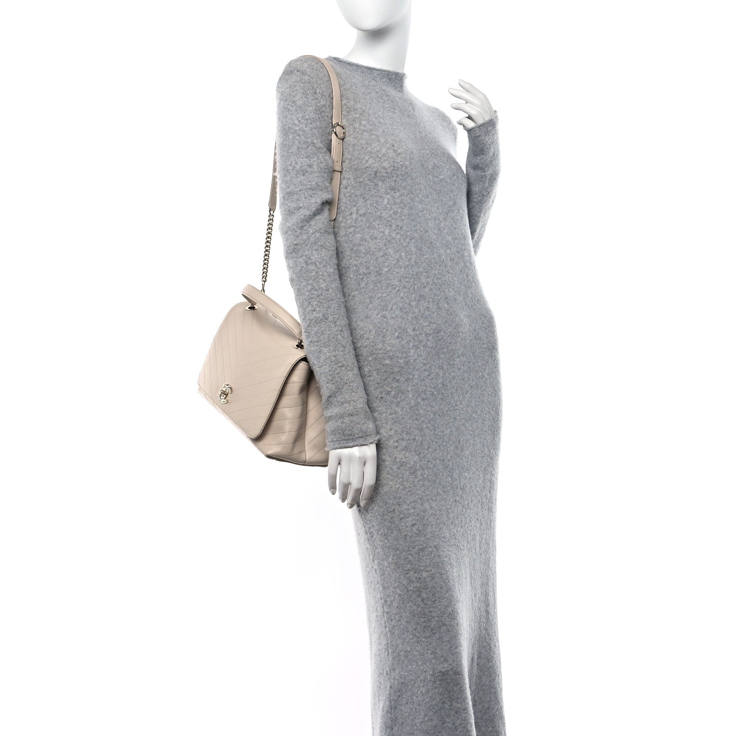 Chanel Grained Calfskin Stitched Medium Chevron Chic Top Handle Flap Beige 2 of 11