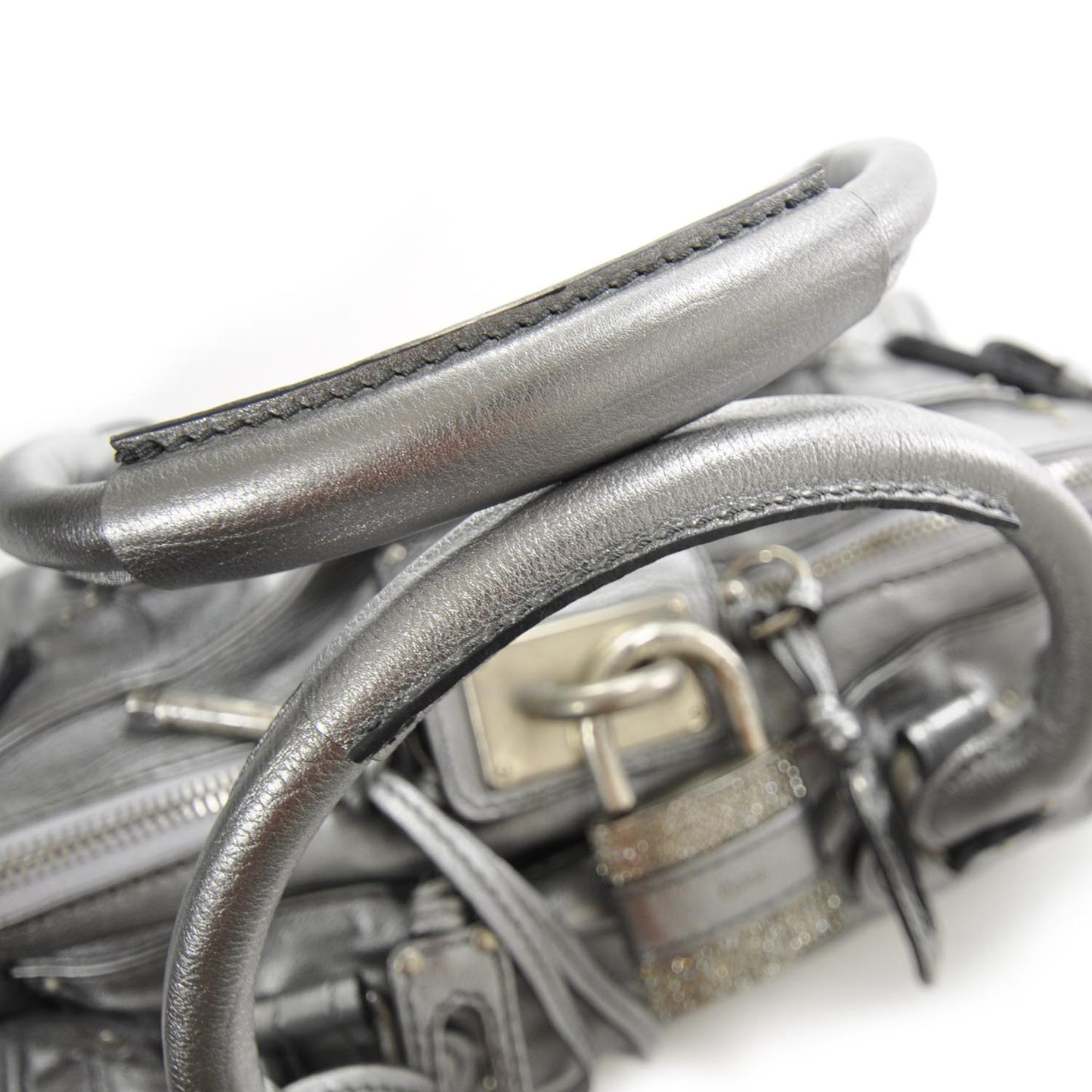 Leather Crystal Paddington Satchel Metallic Silver