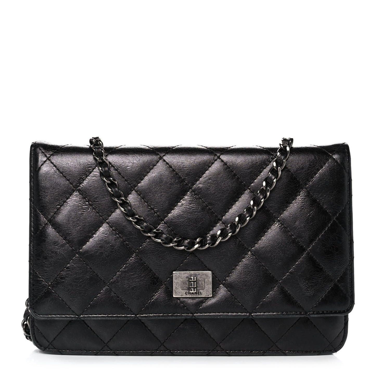 Metallic Aged Calfskin Quilted Reissue Wallet On Chain WOC Black
