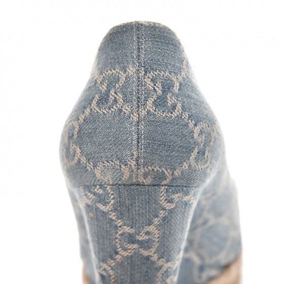 Denim Monogram Horsebit Open Toe Espadrille Wedges 39.5 Blue