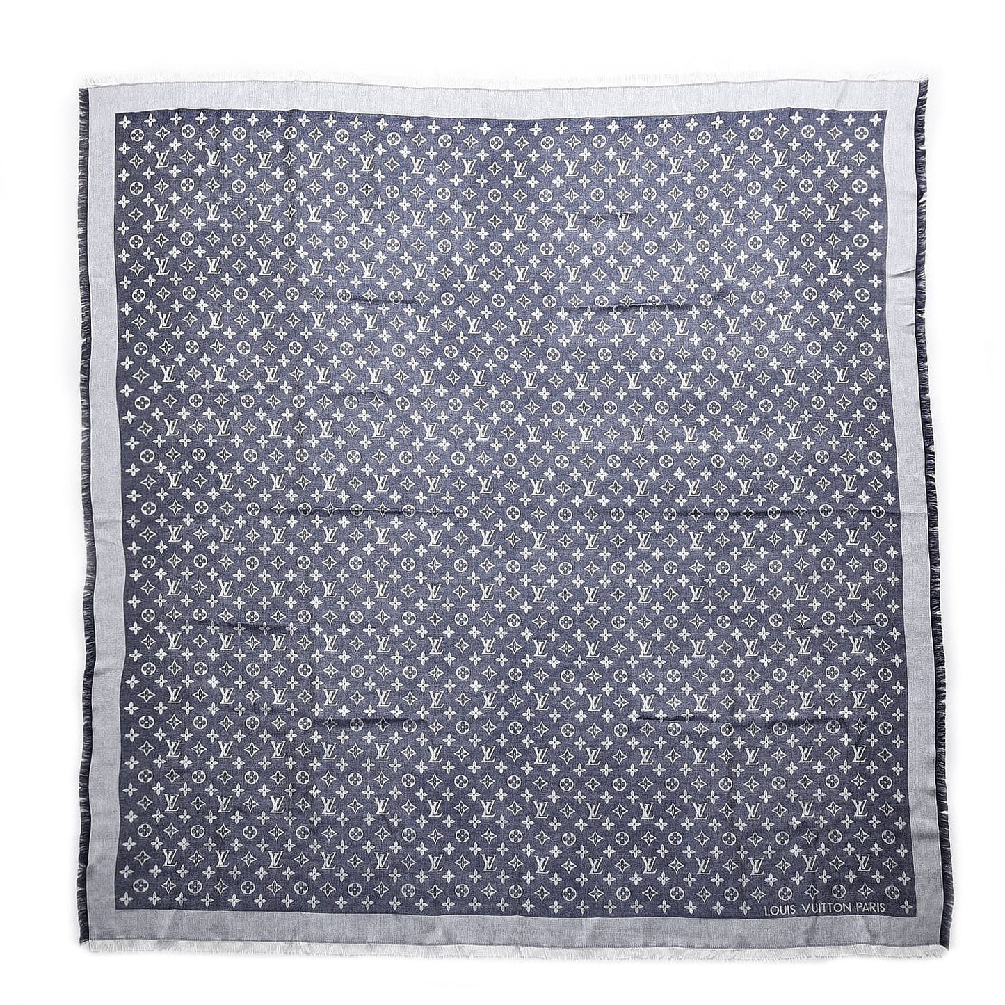 Wool Silk Monogram Denim Shawl Blue