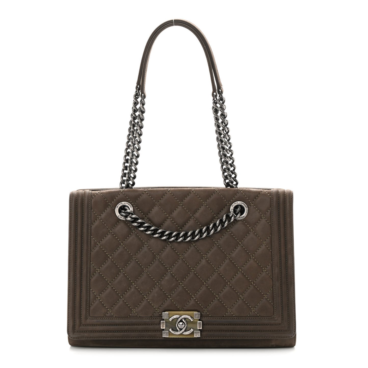 Iridescent Calfskin Stitched Large Boy Shopping Tote Dark Khaki