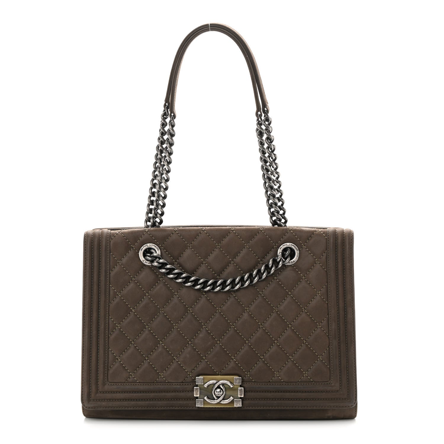 Chanel Iridescent Calfskin Stitched Large Boy Shopping Tote Dark Khaki 1 of 13