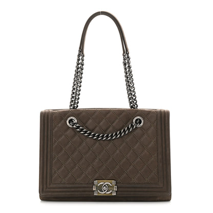 Chanel Iridescent Calfskin Stitched Large Boy Shopping Tote Dark Khaki 1 of 13