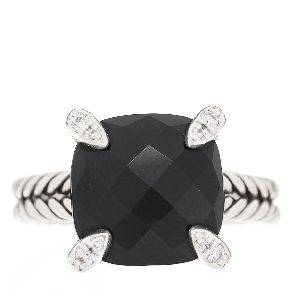 David Yurman Sterling Silver Diamond Onyx 11mm Chatelaine Ring 50 5.5 1 of 4